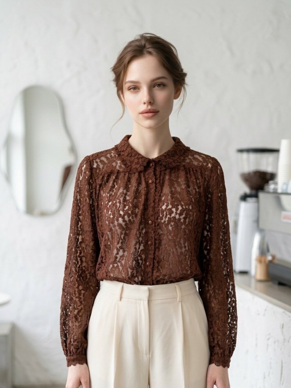 NWT Caroline Constas Brown Floral Lace Sheer Button Front Blouse S